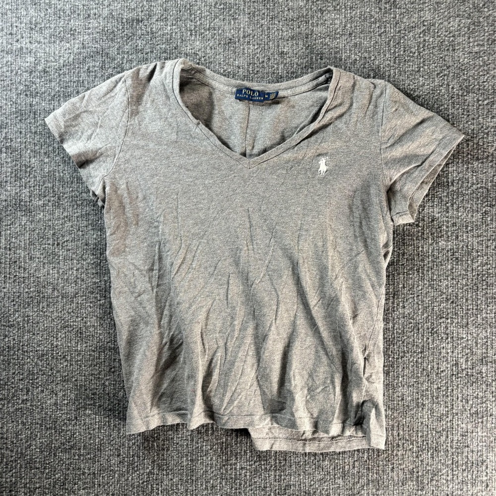 Polo Ralph Lauren Shirt Womens Medium Gray V Neck Short Sleeve Pony Tee Logo